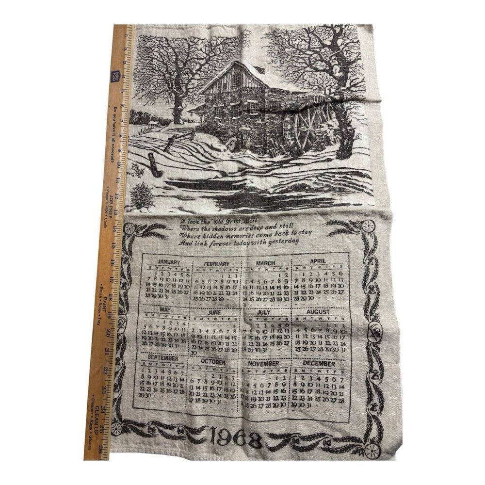 Vintage 1968 Linen Calendar Wall Hanging Towel Old Grist Mill Waterwheel Cottage